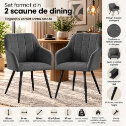 Set 2 scaune dining tapitate cu velur Luxano, cusaturi patrate, 54x58x82 cm, gri inchis