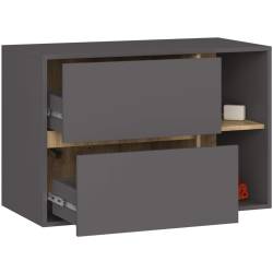 Etajera de baie suspendata, cu 2 sertare, PAL 16 mm, 90x46x60 cm, gri si stejar artisan