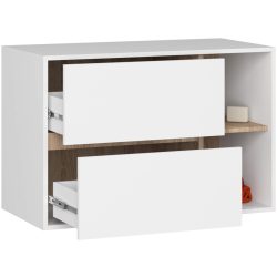 Etajera de baie suspendata, cu 2 sertare, PAL 16 mm, 90x46x60 cm, alb si stejar sonoma
