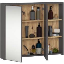 Dulap de baie suspendat cu oglinda, 2 usi si 3 rafturi interioare, PAL 16 mm, 90x15x75 cm, gri si stejar artisan