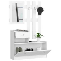 Set mobilier hol cu pantofar, oglinda, sertar si cuier metalic, PAL laminat, 90x25x170 cm, alb