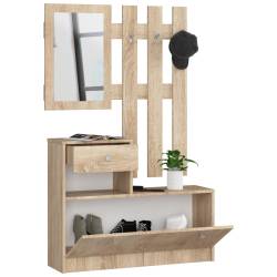 Set mobilier hol cu pantofar, oglinda, sertar si cuier metalic, PAL laminat, 90x25x170 cm, stejar sonoma