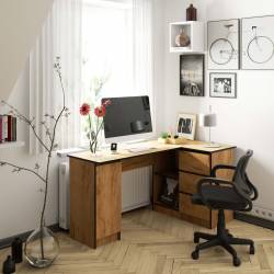 Birou colt dreapta in L cu 3 sertare si rafturi, PAL laminat 16 mm, 155x85x77 cm, stejar craft