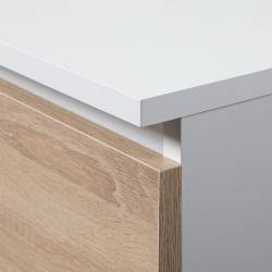 Birou colt dreapta in L cu 3 sertare si rafturi, PAL laminat 16 mm, 155x85x77 cm, alb si stejar sonoma