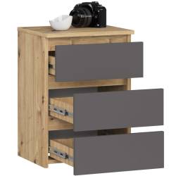 Noptiera cu 3 sertare, PAL laminat 16 mm, 40x35x57 cm, stejar artisan si gri
