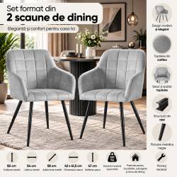 Set 2 scaune dining tapitate cu velur Luxano, cusaturi patrate, 54x58x82 cm, gri