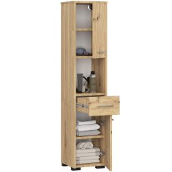 Dulap baie tip coloana cu 2 usi, 1 sertar si rafturi interioare, PAL laminat, 30x30x140 cm, stejar artisan