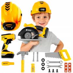 Set unelte pentru copii cu bormasina, fierastrau, casca luminata si vesta de constructor, 29x27x21 cm