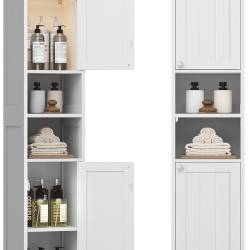 VASAGLE Dulap baie inalt si ingust cu lumina LED, rafturi reglabile, MDF lacuit, 30x30x170 cm, alb