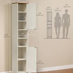 SONGMICS Dulap de baie ingust, cu rafturi reglabile si 2 compartimente deschise, PAL si MDF, 30x30x170 cm, alb rustic