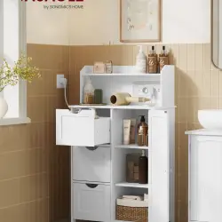 VASAGLE Dulap de baie cu sertare si usa, priza integrata cu USB, rafturi reglabile, MDF, 30x60x100 cm, alb