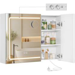 VASAGLE Dulap pentru baie cu oglinda si iluminare LED reglabila, functie anti-abur, USB si prize integrate, 80x17x60 cm, alb