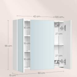 VASAGLE Dulap suspendat pentru baie cu 3 usi, oglinda si rafturi reglabile, 60x15x55 cm, alb