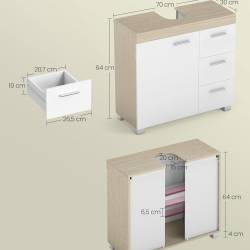 VASAGLE Dulap lavoar baie cu 3 sertare si 2 compartimente, MDF, 30x70x64 cm, alb si bej