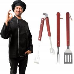 Set 3 ustensile pentru gratar din inox cu maner din lemn, spatula, furculita si cleste