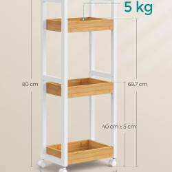 SONGMICS Carucior de baie, raft ingust cu roti, bambus si MDF, 20x30x80 cm, alb si maro natur