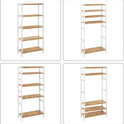 SONGMICS Raft de depozitare din bambus, 5 polite, pentru bucatarie sau baie, 130x60x26cm, alb si maro natur