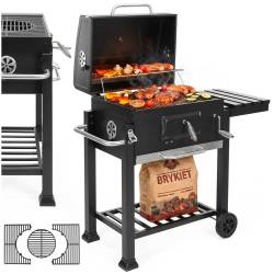 Gratar pe carbuni cu raft lateral pliabil, suport reglabil pentru carbuni, termometru, 114x52x106 cm, negru