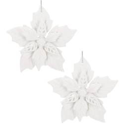 Set 10 flori de Craciun 12 cm, ornamente cu sclipici, plastic, alb
