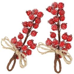 Ramura decorativa cu boabe de merisoare artificiale si snur din iuta, 15x5,5 cm, rosu
