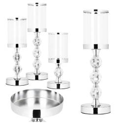 Set 3 sfesnice metalice cu glob cristal si abajur sticla, 28-41 cm, argintiu