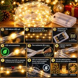 Instalatie lumina decorativa cu 100 LED-uri, 5m, cu alimentare pe baterii, iluminare alba