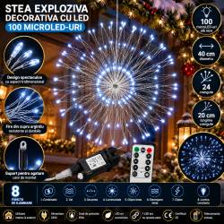 Instalatie lumina decorativa STAR cu 100 LED-uri, diametru 40cm, telecomanda, alb rece