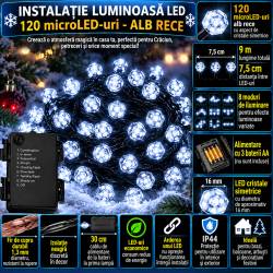 Instalatie lumini de exterior pentru gradina, 9 metri, 120 LED-uri forma cristal, cu baterii, alb