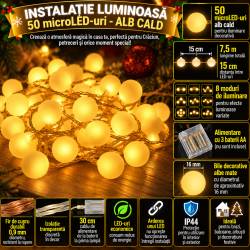 Instalatie bile luminoase pentru gradina, 7,5 metri, 50 LED-uri, cu baterii, galben