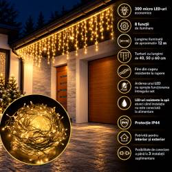 Ghirlanda luminoasa tip perdea 300 LED-uri, 12m, pentru interior/exterior, iluminare galbena