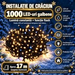 Instalatie lumini pentru bradul de Craciun, 18,5 metri, 300 LED-uri cu flash, galben