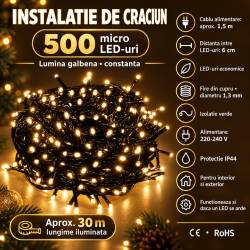 Instalatie lumini pentru bradul de Craciun, 30 metri, 500 LED-uri, galben