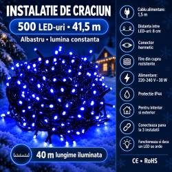 Instalatie luminoasa LED albastra pentru brad sau exterior, 500 LED-uri, 40 m, IP44, conectabila