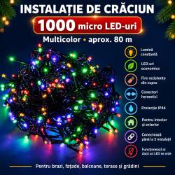 Instalatie luminoasa LED exterior/interior, 1000 LED-uri multicolor, 80 m, lumina constanta, IP44, conectabila