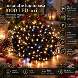 Instalatie lumini pentru bradul de Craciun, 81,5 metri, 1000 LED-uri cu flash, galben