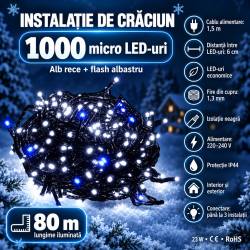 Instalatie luminoasa LED exterior/interior, 1000 LED-uri alb rece cu flash albastru, 80 m, lumina constanta + flash, IP44, conectabila