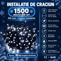 Instalatie lumini pentru bradul de Craciun, 91,5 metri, 1500 LED-uri, alb rece