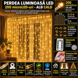 Ghirlanda luminoasa tip perdea 200 LED-uri, 2x2m, pentru interior, alimentare USB, alb cald (galben)