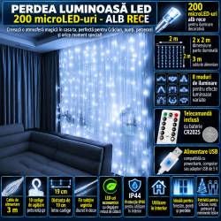 Ghirlanda luminoasa tip perdea 200 LED-uri, 2x2m, pentru interior, alimentare USB, alb