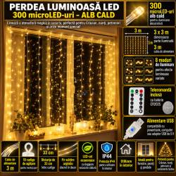 Ghirlanda luminoasa tip perdea 300 LED-uri, 3x3m, pentru interior, alimentare USB, alb cald (galben)