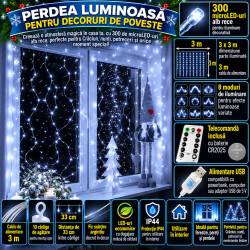 Ghirlanda luminoasa tip perdea 300 LED-uri, 3x3m, pentru interior, alimentare USB, alb rece