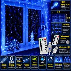 Ghirlanda luminoasa tip perdea 300 LED-uri, 3x3m, pentru interior, alimentare USB, albastru