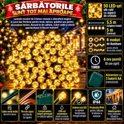 Instalatie lumini de exterior pentru gradina, 5 metri, 50 LED-uri, cu baterii, galben