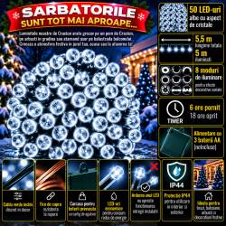 Instalatie lumini de exterior pentru gradina, 5 metri, 50 LED-uri, cu baterii, alb