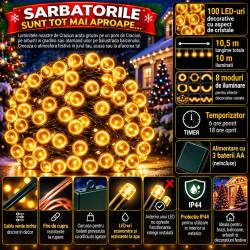 Instalatie lumini de exterior pentru gradina, 10 metri, 100 LED-uri, cu baterii, galben