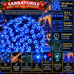 Instalatie lumini de exterior pentru gradina, 10 metri, 100 LED-uri, cu baterii, albastru