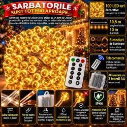 Instalatie lumini de exterior pentru gradina, 10.5 metri, 100 LED-uri, cu baterii, galben