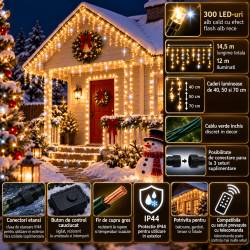 Ghirlanda luminoasa tip perdea Premium 300 LED-uri, 14,5m, 18Wati, interior/exterior, cu flash, alb cald (galben)
