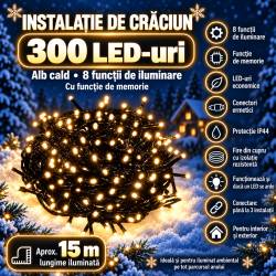 Instalatie lumini pentru bradul de Craciun, 17,5 metri, 300 LED-uri, 8 functii, alb cald