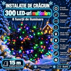 Instalatie lumini pentru bradul de Craciun, 17,5 metri, 300 LED-uri, 8 functii, multicolor